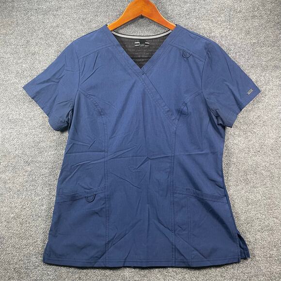 Elle Mock Wrap Scrub Top Women's Medium Blue Zip Pocket Medical Nursing - Picture 1 of 12